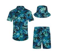 SPKPKEY Ensemble de 2 chemises hawaïennes et shorts pour homme - Chemise décontractée boutonnée - Tenue de plage d'été avec chapeau cloche, Vert et feuilles, XL