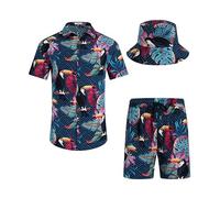 SPKPKEY Ensemble de 2 chemises hawaïennes et shorts pour homme - Chemise décontractée boutonnée - Tenue de plage d'été avec chapeau cloche, bleu marine, XL