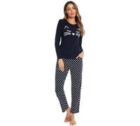 SPKPKEY Ensemble de pyjama à manches longues en coton pour femme - Imprimé mignon, Chat bleu marine, S