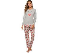 SPKPKEY Ensemble de pyjama à manches longues en coton pour femme - Imprimé mignon, Lèvres rouges grises, XL