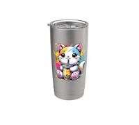 Splash Art Chat Thé au lait Perles de boba Tapioca Chaton Gobelet isotherme en acier inoxydable double paroi