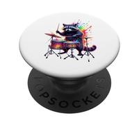 Splash Art Raccoon Playing Drum Set Music PopSockets PopGrip Adhésif
