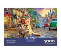 Splash Kitten Puzzle 1000 Pièces Adultes Et Enfants Dès 14 Ans Chaton dans Une Rue de Village sous la Pluie Puzzle Adulte Jouets Défi Éducatifs Jeu Relaxant 70x50cm/1000pcs