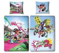 Splatoon Parure de lit réversible 135x200 + 80x80 cm, 100% coton renforcé, Inklings et Octolings, Splatsville Octo Expansion Switch, 2 motifs, fermeture éclair