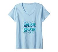 Splish Splash Gouttes d'eau pour s'amuser l'été T-Shirt avec Col en V, Femme, Bleu Céleste, M