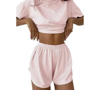 Split Short Pajama Set, Womens Pajamas Set Shorts Side Split, Two Piece Set Womens Striped Print Drop Shoulder Tee (Pink,XL)