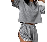 Split Short Pajama Set, Womens Pajamas Set Shorts Side Split, Two Piece Set Womens Striped Print Drop Shoulder Tee (Black,M)