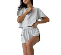 Split Short Pajama Set, Womens Pajamas Set Shorts Side Split, Two Piece Set Womens Striped Print Drop Shoulder Tee (Gray,M)