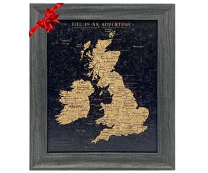 Splosh Carte de voyage du Royaume-Uni et de l'Irlande avec tableau à épingles - Tableau en liège encadré avec épingles - Le cadeau parfait pour un anniversaire ou la fête des mères pour les voyageurs
