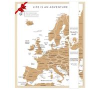 Splosh Carte de voyage - Tableau d'affichage de bureau - Carte de l'Europe - Cadre en bois - Tableau de voyage avec 100 épingles en 2 couleurs pour marquer vos aventures passées et futures