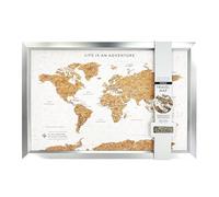 Splosh Carte du monde de voyage avec épingles - Liège blanc avec cadre argenté - Taille moyenne - Tracker de voyage mural - Liste de seaux avec 100 punaises pour marquer les aventures passées et