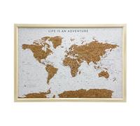 Splosh Carte du Monde de Voyage en Liège à Épingler - Moyen Blanc | Carte du monde en liège à épingler taille moyenne, 100 punaises 2 couleurs, cadre bois, cadeau voyage, 54x77 cm