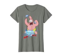 Spongebob Squarepants Patrick Star Opening Presents Holiday T-Shirt, Femme, Vert Kaki chiné, M