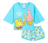 SPONGEBOB SQUAREPANTS Pyjama Fille Kawaii Ensemble Pyjama Short Enfant Ado Été Doux Vêtement de Nuit Cadeau Fille (4-5 Ans, Bleu Cropper)