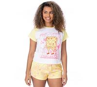 SPONGEBOB SQUAREPANTS Pyjamas pour Femmes | Ladies Daydreamer Character Coral White Raglan T-Shirt Shorts Élastiqués Jaune | Série TV Films Produits dérivés