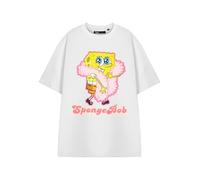 SPONGEBOB SQUAREPANTS T-Shirt Graphique Blanc de Dessin animé pour Femmes | T-Shirt Bob l'éponge Classique à col Rond | Haut à Enfiler uni à Manches Courtes pour Tenue décontractée