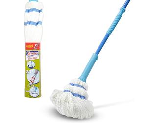 Spontex Balai serpillère Twist Mop - Franges en microfibre avec système d’essorage intégré - Tampon récurant anti-rayures pour taches tenaces - Nettoie les sols stratifiés, planchers et carrelages