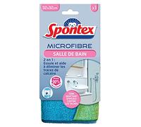 SPONTEX - Kit Microfibre Salle de bain - 1 Microfibre avec bandes micro-grattantes élimine le calcaire - 1 Microfibre multi-usage absorbe et capture la saleté - 2 Microfibres