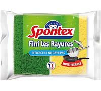 SPONTEX - Eponge Fini Les Rayures ! - 2 éponges Grattantes Non-rayantes Vertes