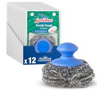 Spontex Handy Tough Lot de 12 éponges à récurer de cuisine en fil de laine métallique avec poignée en acier inoxydable recyclé à 90% pour nettoyer les fours, barbecues, plats en verre et carafes