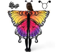 Spooktacular Creations Cape châle en forme d'aile de papillon, ailes de fée pour enfants avec masque en dentelle et bandeau d'antenne en velours noir, costume de papillon pour fille d'Halloween