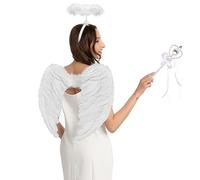 Spooktacular Creations Costume d’ange blanc comprenant une aile d'ange en plume blanche, une auréole d'ange et une baguette, Costume de soirée/Halloween/Carnaval