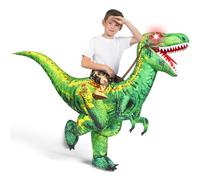 Spooktacular Creations Costume de dinosaure gonflable pour enfants, costume de T-rex avec yeux lumineux LED, chevauchant un raptor vert, impression numérique, costumes d'Halloween