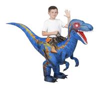 Spooktacular Creations Costume de dinosaure gonflable pour enfants, impression numérique, yeux lumineux LED, costume d'Halloween T-rex, chevauchant un raptor bleu