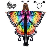 Spooktacular Creations Costume de papillon étoilé arc-en-ciel pour fille, ensemble d'ailes avec châle, bandeau noir et masque pour les yeux pour costume d'Halloween, cosplay