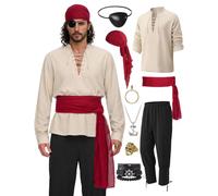 Spooktacular Creations Costume de pirate pour homme, 6 pièces, style Renaissance, médiéval, viking, beige et noir, avec chemise, pantalon à bandes, cache-œil, bandana