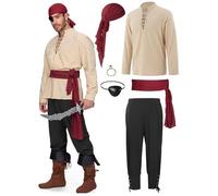 Spooktacular Creations Costume de pirate viking médiéval Renaissance beige et noir pour homme, 6 pièces, avec chemise, pantalon à bandes, cache-œil, bandana, taille XXL