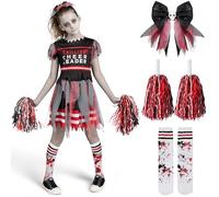 Spooktacular Creations Costume de pom-pom girl pour filles, costume de pom-pom girl effroyable noir et rouge, costume de pom-pom girl zombie pour les fêtes d'Halloween-L