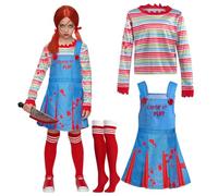 Spooktacular Creations Costume de poupée effrayante pour fille d'Halloween, costume de poupée tueuse pour filles avec chemise arc-en-ciel, robe et bas jusqu'aux genoux pour Halloween Cosplay Party-M