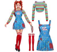 Spooktacular Creations Costume de poupée tueuse pour femme, robe de clown cosplay avec t-shirt arc-en-ciel, jupe à bretelles et bas jusqu'aux genoux pour costume de fête d'Halloween-L