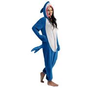 Spooktacular Creations Costume de pyjama en peluche requin bleu pour femme avec queue de chapeau pour habiller un jeu de rôle, fête d'Halloween, L