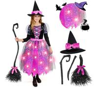 Spooktacular Creations Costume de sorcière lumineux à LED pour filles, costume de sorcière rose avec chapeau et balai, costume de sorcière douce, motifs fantastiques