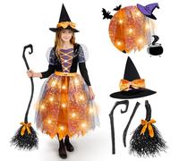 Spooktacular Creations Costume de Sorcière Lumineux LED pour Filles, Costume de Sorcière Orange et Violet avec Chapeau, Costume de Sorcière Douce Designs Fantastiques