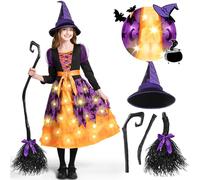 Spooktacular Creations Costume de sorcière orange et noir lumineux pour filles de 3 à 10 ans, filles de sorcière pour fête avec jupe et chapeau lumineux (Large (10-12 yrs))