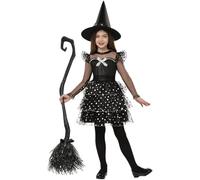 Spooktacular Creations: Costume de sorcière pour enfants, avec robe noire pailletée, chapeau à balai et collants. Parfait pour le jeu de rôle lors des fêtes d'Halloween.(grand (10-12 ans))