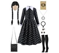 Spooktacular Creations Costume d'Halloween noir pour fille, robe imprimée florale noire avec perruque et bas, pour filles et enfants, costume d'Halloween et jeu de rôle