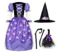 Spooktacular Creations: Costume lumineux de sorcière pour filles, avec robe étoilée, ceinture à balai et chapeau. Idéal pour le jeu de rôle lors des fêtes d'Halloween. - M