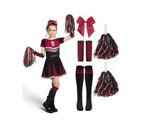 Spooktacular Creations Déguisement de pom-pom girl d'Halloween pour filles, tenue de pom-pom girl effrayante avec crâne et accessoires pour jeux de rôle d'Halloween, rouge et noir, taille L