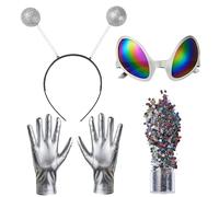 Spooktacular Creations Ensemble d'accessoires d'extraterrestre d'Halloween avec bandeau antenne, lunettes de soleil, gants argentés, poudre pailletée pour Halloween, fête cosplay adulte