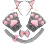 Spooktacular Creations Ensemble de 5 accessoires de déguisement de chat gris avec oreilles de chat, serre-tête, gants, nœud papillon et queue pour adultes, enfants, cosplay et Halloween
