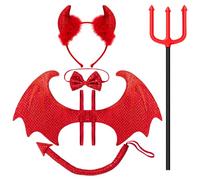 Spooktacular Creations Ensemble de 5 pièces pour Halloween avec ailes de diable rouges, fourche de diable, nœud papillon, bandeau de corne de diable en paillettes et queue de diable Accessoires