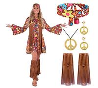 Spooktacular Creations Ensemble de costumes hippie pour femme avec bandeau, boucles d'oreilles, robe, gilet, chaussettes, couvre-bottes, tenue hippie des années 70 pour Halloween, fête, cosplay - XL