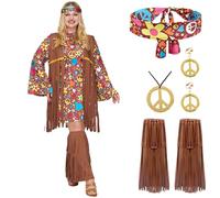 Spooktacular Creations Ensemble de costumes hippie pour femme, bandeau, boucles d'oreilles, robe, gilet, chaussettes, bottes, vêtements hippie des années 70 pour Halloween, cosplay - M