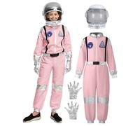 Spooktacular Creations présente un costume d'astronaute rose pour filles, avec une combinaison spatiale à rayures argentées, casque et gants. Parfait pour les enfants cosplay.(grand (10-12 ans))