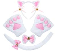 Spooktacular Creations propose un ensemble 5 pièces pour costume de chaton blanc : oreilles, bandeau, gants, nœud papillon et queue, pour adultes et enfants. Idéal pour cosplay et Halloween.