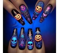 Spooktacular Halloween Collection Press-On avec 24 pièces de motifs citrouille et chauve-souris en forme de cercueil pour femme